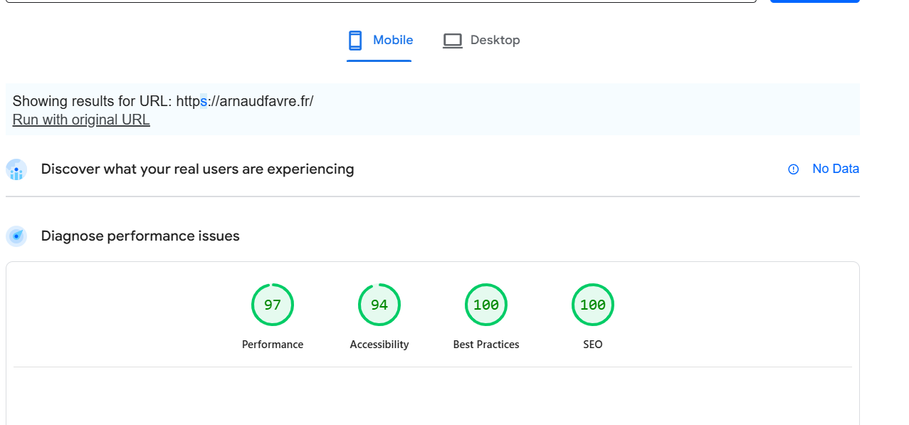 Score Google PageSpeed Insights d'un site vitrine B2B créé par Arnaud FAVRE