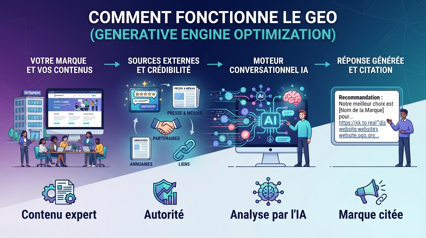 Schéma du fonctionnement du GEO (Generative Engine Optimization) : du contenu de marque à la citation par l'IA